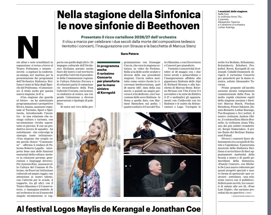 Giornale di Sicilia 10 settembre 2026 Presentazione stagione Orchestra Sinfonica Siciliana